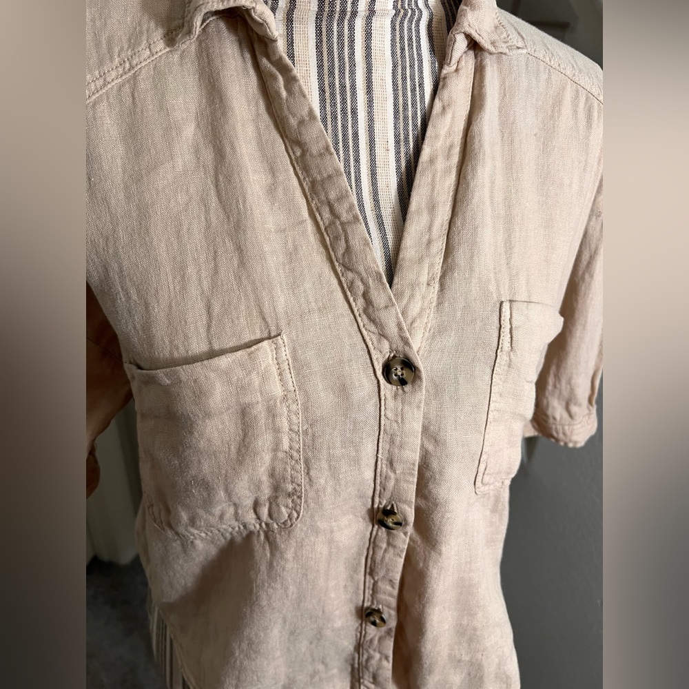 Zara cream 100% Linen semi cropped high low-low button down blouse oversized S - Picture 11 of 12